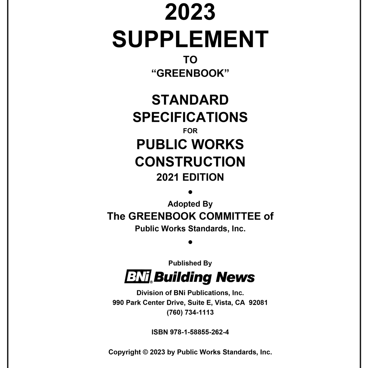 2023 Supplement To The "Greenbook" - Standard Specifications For Publi