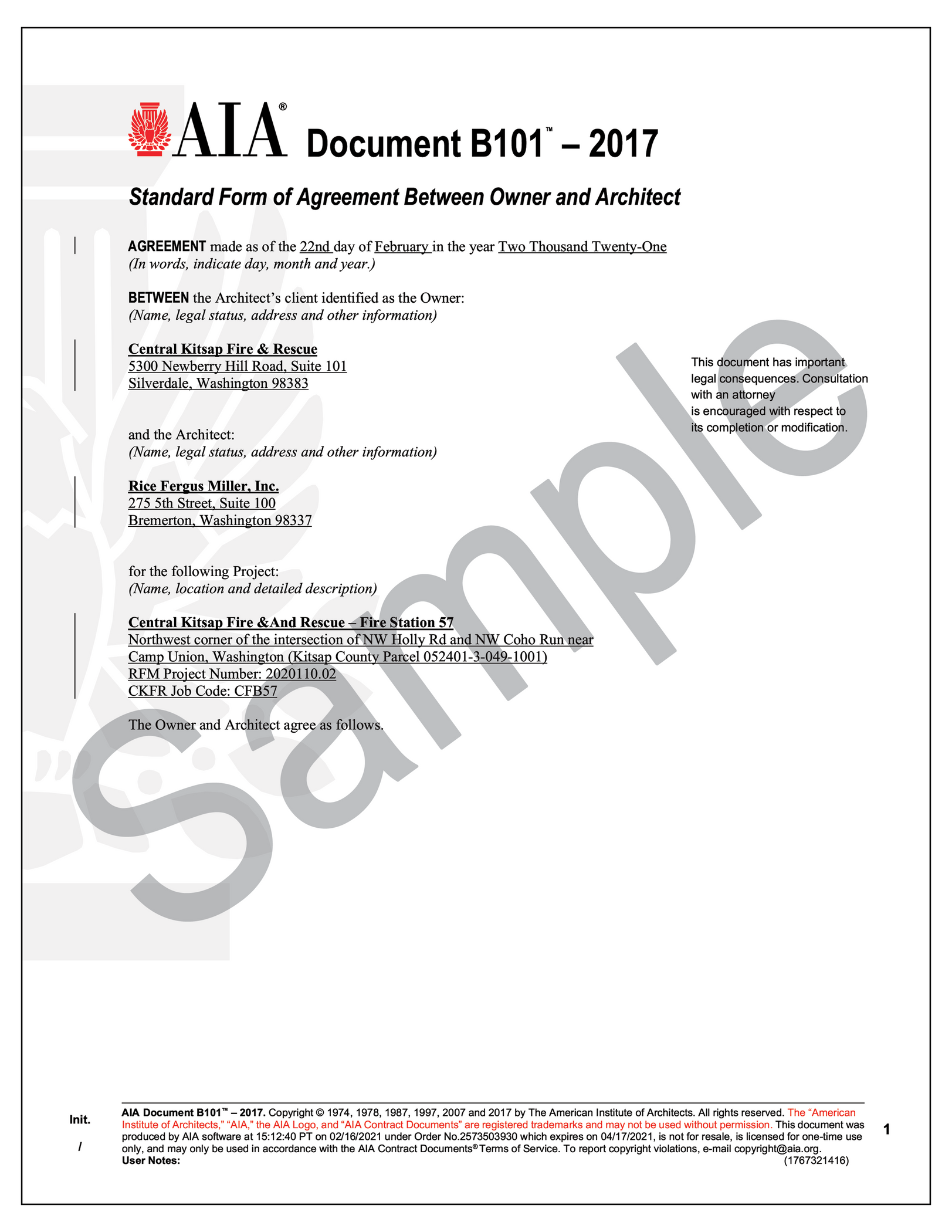 B101- 2017 Standard Form Of Agreement Between Owner And Architect