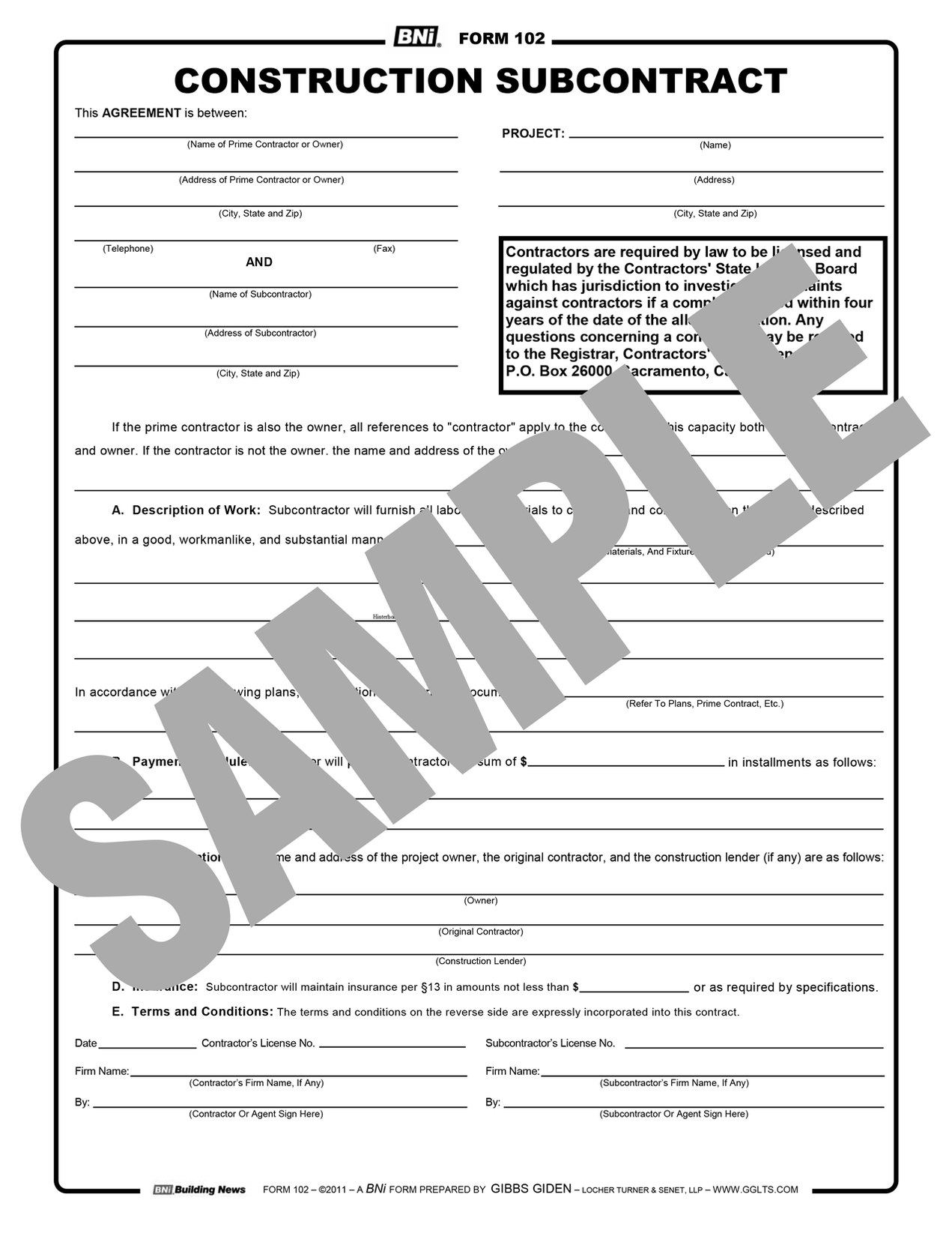 Form 102: Construction Subcontract (Reusable PDF Format)