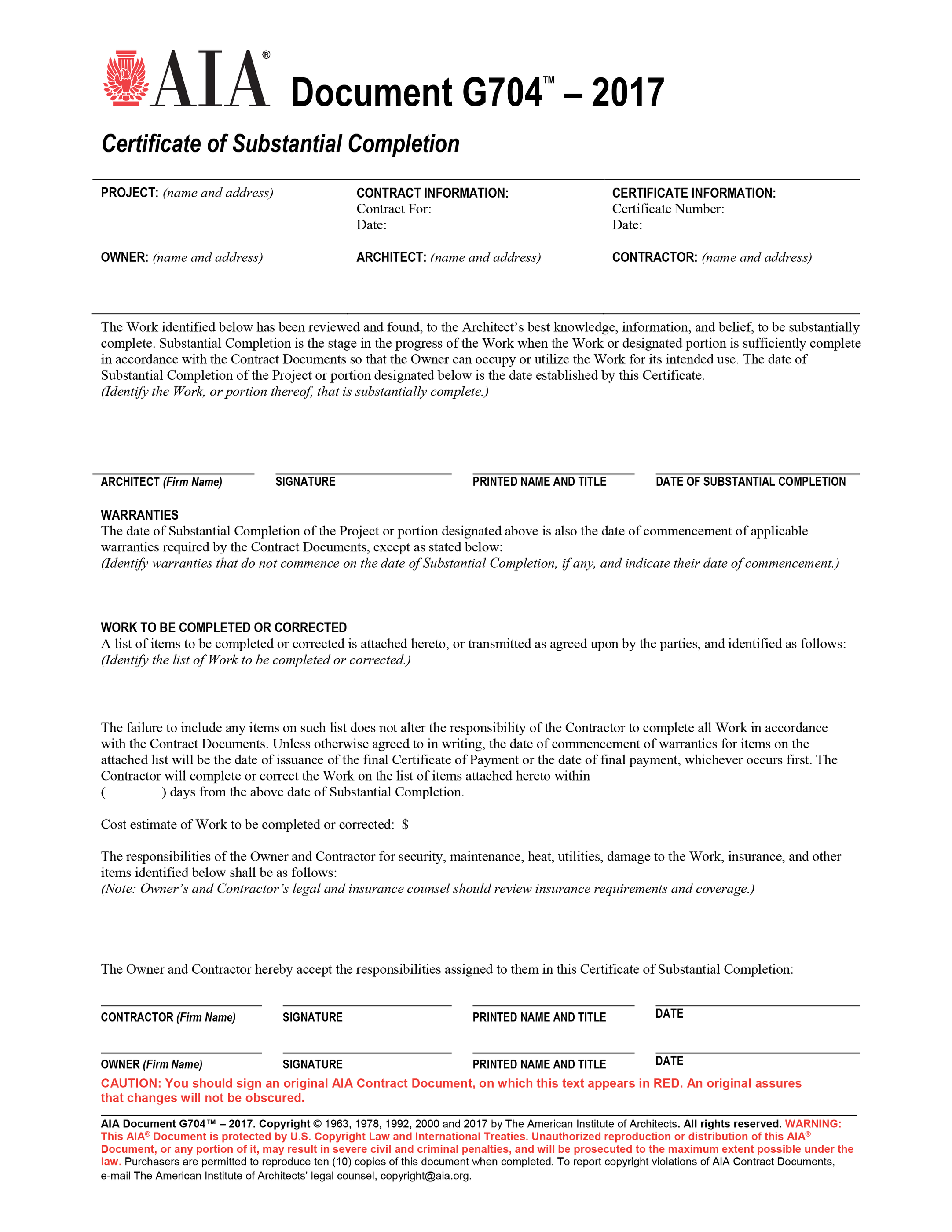 AIA G704 Certificate of Substantial Completion (50 Pack)