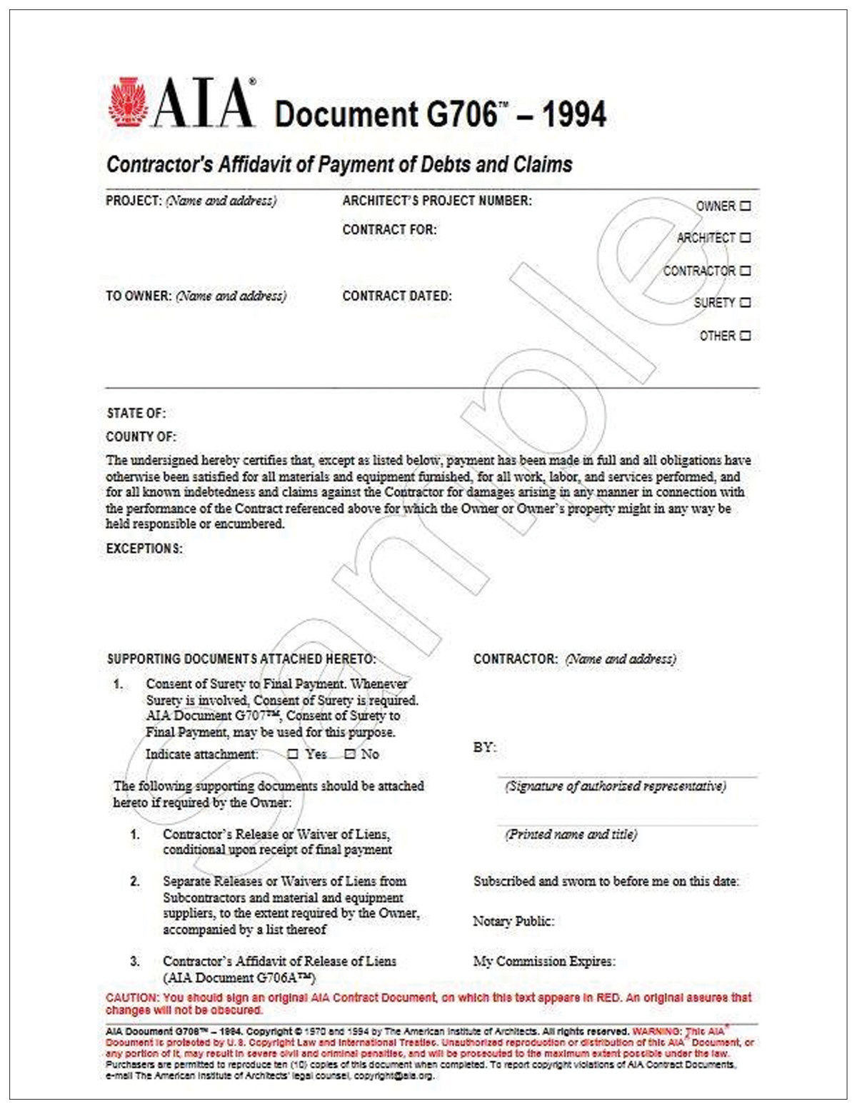 AIA G706-1994: Affidavit of Payment of Debts & Claims (50 Pack)